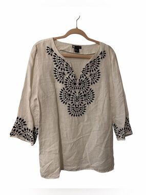 Carole Little 100% Linen Embroidered Tunic Top White Black L